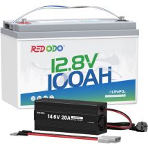 Redodo - Batterie au Lithium 12V100Ah rechargeable LiFePO4+14,6V20A Chargeur de batterie LiFePO4 pour batterie lithium 12V