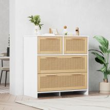 Commode, commode 4 tiroirs en rotin avec poignées en bois massif, naturel+blanc, 80×80×38 cm - Redom