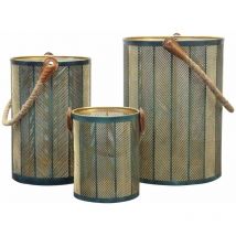 Gardeness - Réglez 3 lanternes en acier avec intérieur doré et Juta Golden Light Huestone DarkGreen - DarkGreen