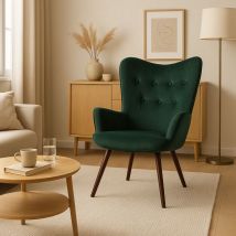 High Back Velvet Armchair Green with Wooden Legs - Urban Meuble