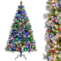 Relax4life - Albero di Natale 180/210CM, Albero di Natale con Luci Incorporate, Pigne e Bacche Rosse e Supporto in Metallo, Ideale per Casa e Negozio
