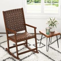 RELAX4LIFE Chaise à Bascule en Bois, Fauteul avec Base en Bois Caoutchouc Siège en PU Pieds Antidérapants, Fauteuil Ergonomique Intérieur Extérieur