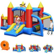 Château Gonflable pour Enfants avec Souffleur, Toboggan Gonflable et Piscine à 60 Balles, Jeux de Fléchettes, But de Football pour 3 ou 4 Enfants,