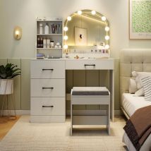 Relax4life - Coiffeuse avec Miroir led avec 3 Modes d'Eclairage et Luminosité Réglable, Station de Charge, 5 Tiroirs, 4 Armoires, Etagères Réglables,