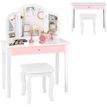 Relax4life - Coiffeuse Enfant avec Tabouret et Miroir à 3 Volets Amovible, Coiffeuse Fille 2-en-1 Moderne Idéale pour Filles 3-7 Ans (Modèle 1, Blanc)