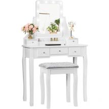 Relax4life - Coiffeuse Table de Maquillage avec 12 Ampoules led et 5 Tiroirs, Coiffeuse avec Miroir Rotatif à 360 ° et Tabouret, Table de Toilette