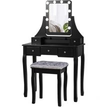 RELAX4LIFE Coiffeuse Table de Maquillage avec 12 Ampoules LED et 5 Tiroirs, Coiffeuse avec Miroir Rotatif à 360 ° et Tabouret, Table de Toilette avec