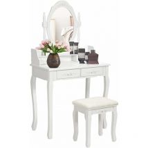 Relax4life - Coiffeuse Table de Maquillage avec Miroir Rond, Tiroirs et Tabouret en Coussin Doux, Pieds en Bois de Pin, Entretien Facile, Style