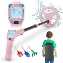 Relax4life - Détecteur de Métaux pour Enfants, Détecteur d'or Léger 0,5 kg avec Écran lcd Rétroéclairé, Tige Réglable 62-85 cm, Pelle & Râteau, Sac,