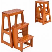 Relax4life - 2 in 1 Sgabello Pieghevole e Scaletta in Legno Naturale a 3 Gradini, per Cucina, Camera da letto, Ufficio, Negozio (Noce)