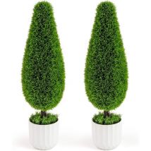 Lot de 2 Buissons Topiaires en Cèdre Artificiel 90 cm, Plantes en Forme de Larme, Pots en Plastique pour Pépinière Intérieur Extérieur, Résistant au