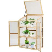 Mini Serre de Jardin en Bois Peint Anti-Corrosion, Serre à Tomate Extérieur 3 Étagères avec Porte Double Toit Ouvrable Fixable, Vitrages