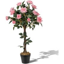 Relax4life - Pianta artificiale, albero artificiale con fiori, albero di rose con 21 rose rosa e 259 foglie e tronco in vero legno, pianta