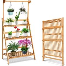 Porte Plante en Bambou 3 Niveaux Pliable Réglable en Hauteur avec Tige de Suspension, Présentoir Plante Support Orchidée Naturel Carbonisé Résistant