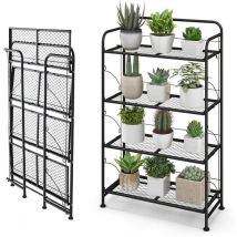 Support de Fleurs Pliant à 4 Niveaux en Métal, Étagère de Plantes avec Tablettes Réglables & Pieds Réglables, Support pour Plantes Multifonctionnel