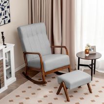 Sedia a dondolo con Poggiapiedi, con funzione reclinabile, braccioli, Sedia relax imbottita con struttura in legno, Sedia relax per soggiorno Camera