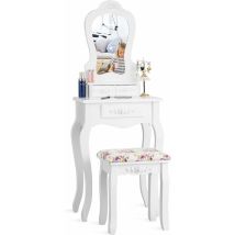 Set Tavolo da Toeletta e Sgabello Imbottito, Set da Trucco con Specchio ad Alta Definizione, Tavolo da Trucco con Gambe in Legno Massello di Pino, 50