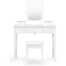 Set Toeletta da Trucco con Sgabello Imbottito, Specchio Girevole e Luminoso con 10 Fori per Lampadine Dimmerabili, Set Toeletta con Gambe in Legno,