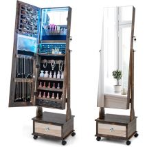 Relax4life - Specchio Portagioie da Terra, Armadietto Portagioie con Luci led, 3 Angoli Regolabili, 4 Ruote Universali, Organizzatore per Gioielli e