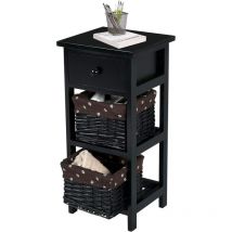 Relax4life - Table de Chevet en Bois de Paulownia Massif avec 3 Tiroirs Style Simple Rustique, Table de Nuit à 3 Niveaux avec 2 Tiroirs en Osier pour