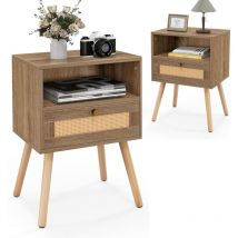 Relax4life - Lot de 2 Table de Chevet en Rotin avec Tiroir+Étagère Poignée Métallique Pieds en Pin, Table d'Appoint avec Décoration Cannage, Style