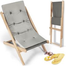 Transat Pliable en Bois Hêtre avec Dossier Réglable à 3 Positions, Transat Pliable Jardin avec Coussin Amovible Charge Max 150kg pour Plage Jardin
