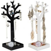 Relaxdays - Arbre à bijoux, lot de 2, avec rangement, pour colliers, bagues, bracelets, hlp 28,5x14,5x9,5 cm, noir-blanc