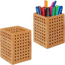 Relaxdays 2x Bamboo Pen Holder, Set, Wooden Utensil Box for Pens and Scissors, Country-Style, HWD 11.5x9x9 cm, Natural