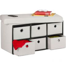 Relaxdays - Banquette de rangement 6 tiroirs, assise confortable, banc pliable, h x l x p : 39 x 76 x 38 cm, crème
