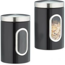 Relaxdays - Set of 2 Storage Canisters, Lid, Window, 1.4 l, for Coffee, Kitchen Pantry Container, Jar, Metal, Black