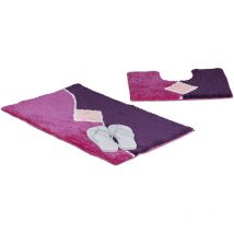 Relaxdays Bath Accessory 2 Piece Set with Graph Design, For Heated Floors, Washable, Bath Mat and Pedestal Toilet Mat with Cut-Out, 80 x 50 cm, Berry
