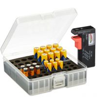 Battery box with tester, for 60 aa & aaa batteries, hbt: 5.5 x 15 x 15.5 cm, battery box, transparent/black - Relaxdays