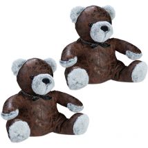 Relaxdays - Teddy Bear Doorstop, 2x Set, Decorative Floor Bumper, Standing Faux Leather Decorate, Door Stopper, Brown/Grey