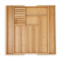 Besteckkasten, ausziehbar, 7-9 Fächer, HxBxT: 5,5x45x44,5 cm, Schubladeneinsatz, 2 Messerblöcke, Bambus, natur - Relaxdays