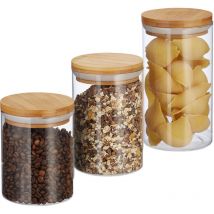Relaxdays - Boîtes de stockage en Verre, jeu de 3, Tailles 500, 700, 1000 ml,pâtes, riz, céréales, Café, d 9,5 cm, bambou