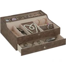 Relaxdays - Boîte à bijoux, effet cuir, velours, écrin pour hommes et femmes, rangement, HxLxP : 13 x 34 x 31 cm, marron