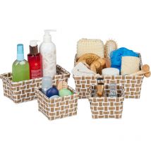 Boîte de rangement lot de 4 paniers plastique salle de bain tressé cosmétiques corbeille, blanc-marron - Relaxdays