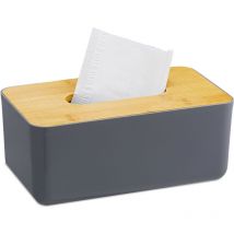 Boîte à mouchoirs, rechargeable, distributeur à lingettes, couvercle en bambou, plastique, 10x23x13 cm, gris - Relaxdays