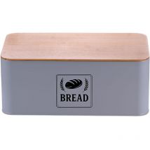 Relaxdays bread box, bamboo lid, metal, HxWxD: 13.5 x 33 x 19 cm, retro bread storage container, grey