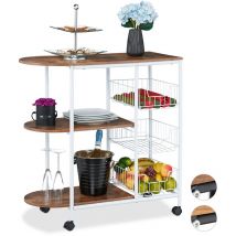 Relaxdays Kitchen Trolley, 3 Levels and 3 Baskets, H x W x D approx. 84 x 83 x 37 cm, Metal & MDF, White/Brown