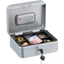 Relaxdays - Lockable cash box, removable insert, 5 compartments, iron cash box, HxWxD: 8.5 x 20 x 17 cm, silver