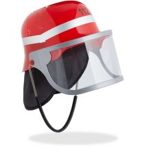 Casque pompier enfant, avec visière, protection nuque & sangle pour menton, casque réglable, pompier, rouge - Relaxdays