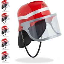 Casque pompier enfant, lot de 6, avec visière, protection nuque & sangle pour menton, casque réglable, pompier, rouge