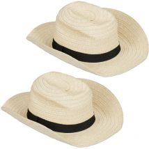 Relaxdays - Chapeau Panama, lot de 2, en paille, look parrain de mafia, pour Dames et messieurs, style Bogart bande de tissu, beige