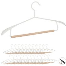 Cintre à costume traverse en bois, lot de 24, cintre pantalon, épaule large, bois métal, blanc