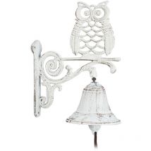 Relaxdays - Cloche murale de porte fonte de fer, chouette, design antique, avec corde, résistant aux intempéries, blanc