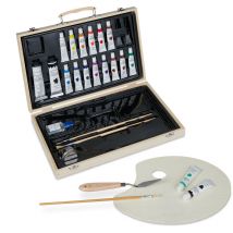 Relaxdays Coffret peinture en bois, valise, set, 18 tubes, palette, pinceaux, huile, couteau à peindre, godet, nature