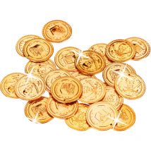 Cofre del tesoro para piratas, 288 monedas, Monedas de juguete, Accesorio de disfraz, pp, Dorado - Relaxdays