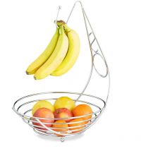 Relaxdays Corbeille à fruits avec porte bananes en métal chromé porte grappe de raisin sur pieds HxlxP: 42 x 29,5 x 32 cm, argenté