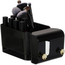 Relaxdays - Cosmetics Organiser, 4 Compartments & 2 Hooks, for Cotton Buds, Adhesive Wall-Mounting, Plastic, Black/Gold